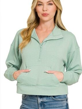Zenana Scuba Half Zip Pullover With Kangaroo Pockets